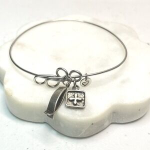 Vintage Charm Bracelet Wire Bangle Sterling Silver Christian Charms Estate